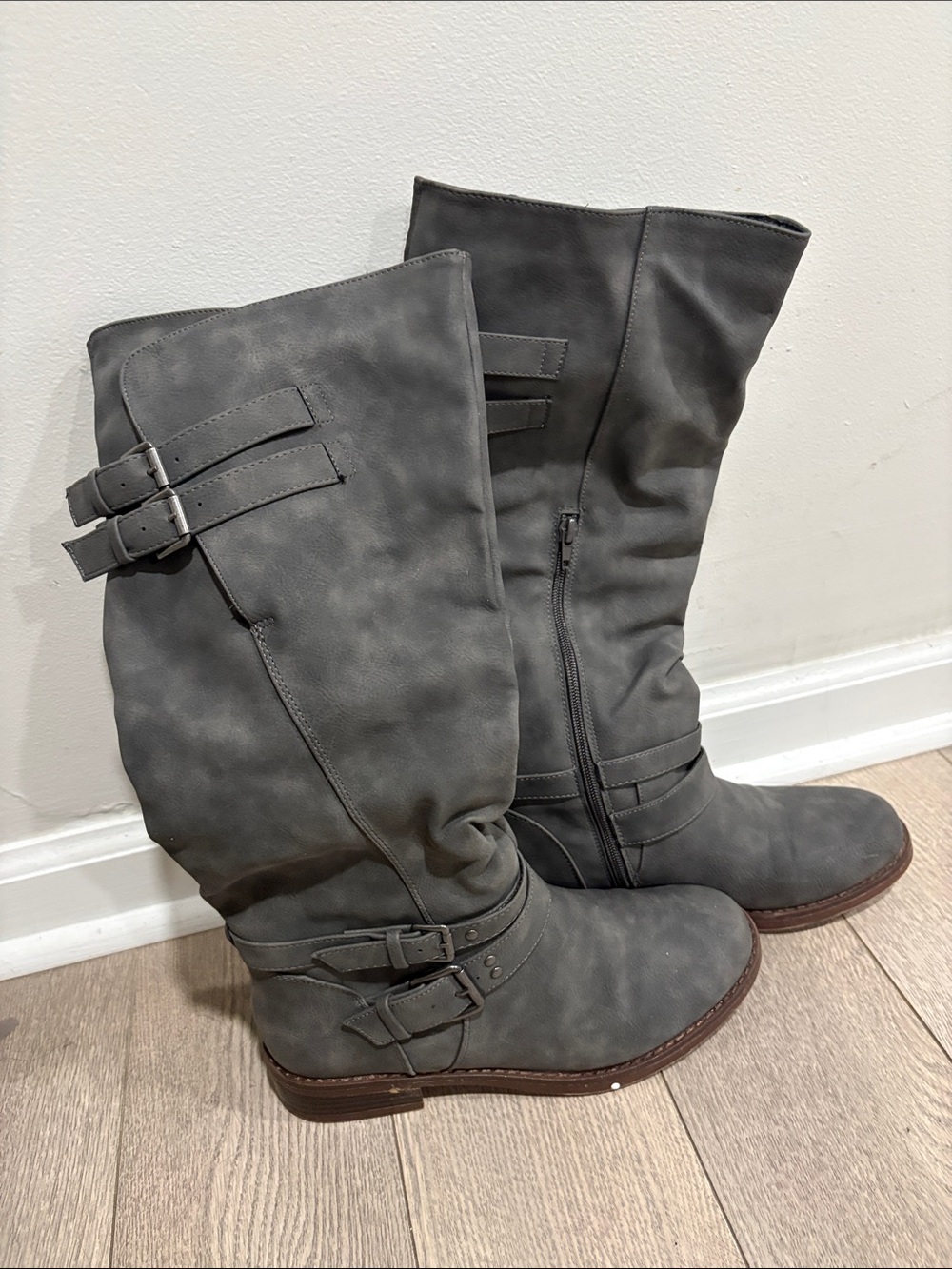 XOXO Gray Buckle Mid-Calf Heeled Boots